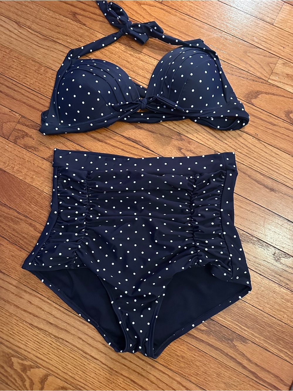 Unique Vintage Navy and White Polka Dot High-Waist Bikini